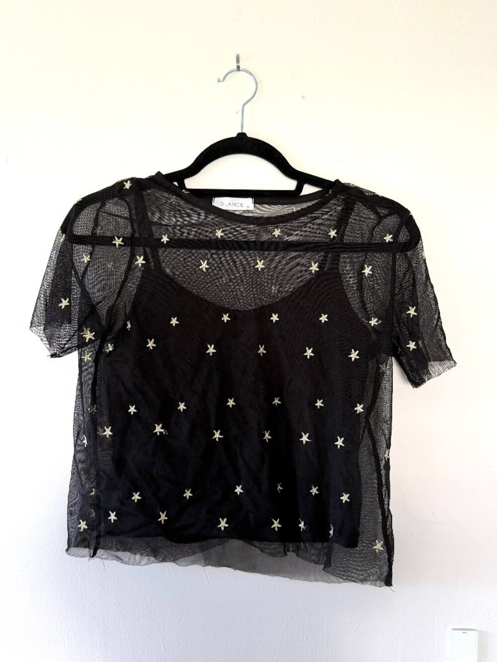 glance // black sheer crop top with gold embroidered stars XS
